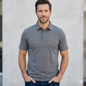 Champion Men's Gray and Light Purple Horizontal Stripe Polo